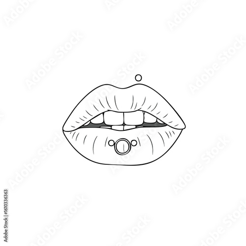 Detailed line drawing of a mouth with piercings, showing teeth and lip details.