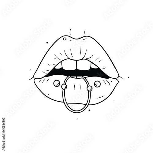 Detailed black and white illustration of a mouth with lip piercings and open.