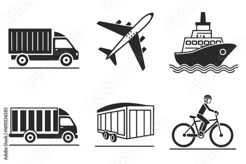 Assortment of transport vehicles like airplane, ship, truck, bicycle, and trailer
