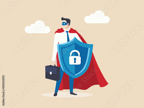Superhero businessman protecting data with shield and padlock from cyber attack
