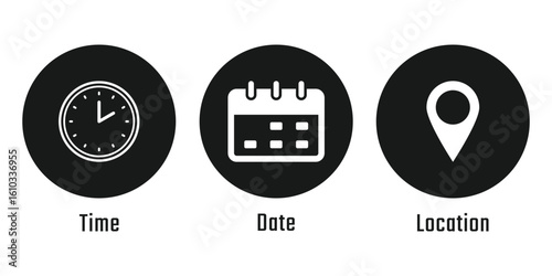Time, date, address icons set. Address or location icon. Stopwatch, time, clock timer icon. Calendar icon. Black line and flat style web icons. Vector illustration