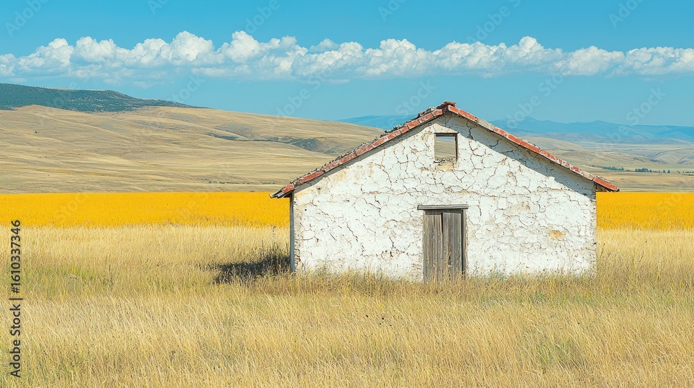 Obraz premium Isolated white building in a yellow field under blue sky