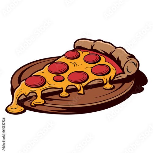 Pizza Slice on a Plate: A mouthwatering slice of pizza with a savory combination of tomato sauce, melted cheese, and pepperoni toppings sits enticingly on a wooden plate.