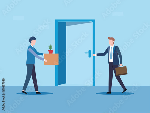 Businessmen leaving or entering an office with a box and briefcase
