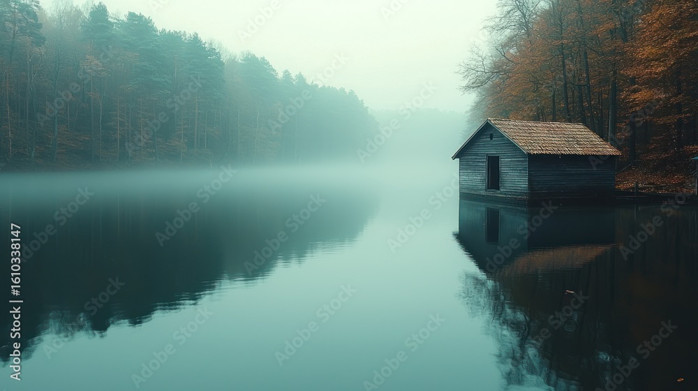 Fototapeta premium Lakefront building and misty landscape