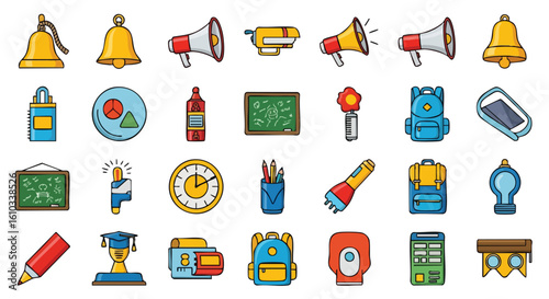 Colorful vector icons representing various school supplies and educational elements, arranged in a grid.