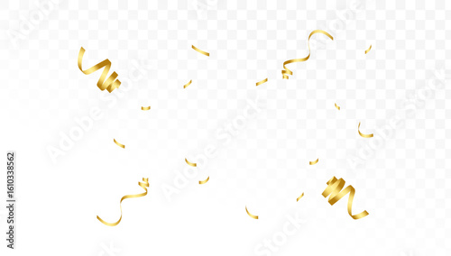 Gold confetti and ribbon streamers falling on a transparent background
