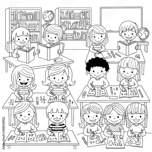 Kids in Classroom Coloring Page, Children Studying, Back to School Vector Illustration