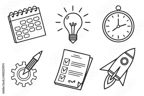 Icons for business planning, time management, and project launch
