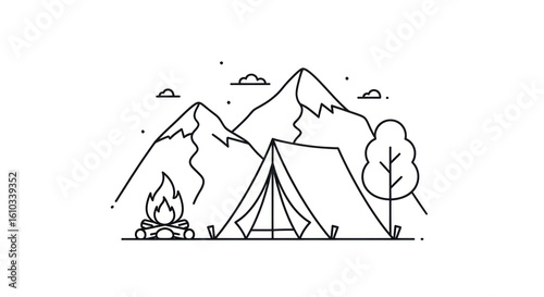 Camping scene with mountains tent and campfire illustration
