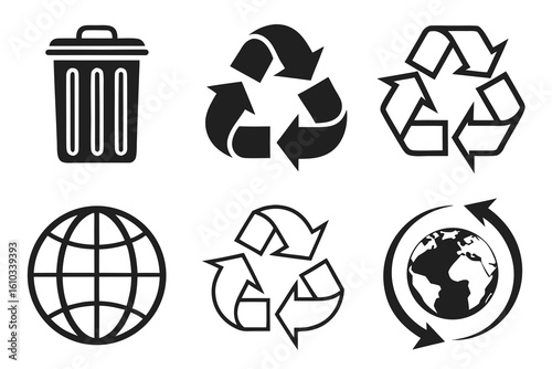 Icons representing recycling, trash, and the planet