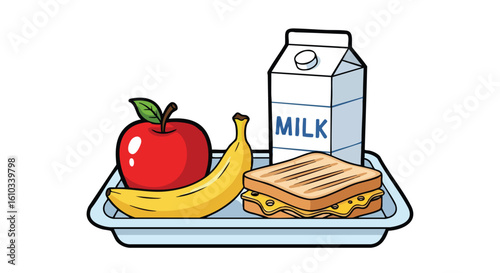 Cartoon illustration of a school lunch tray with an apple, banana, grilled cheese sandwich, and a carton of milk.