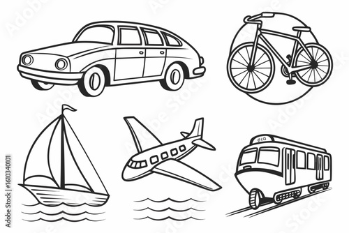 Various modes of transportation illustrated in a simple line art style