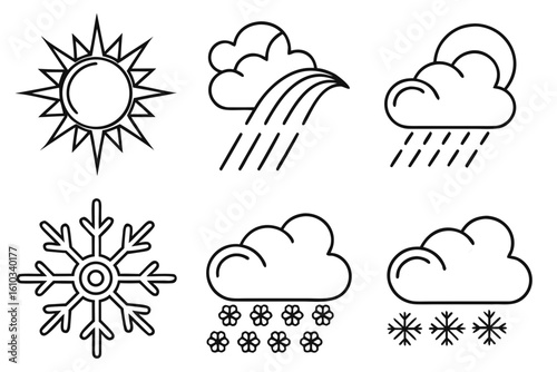Collection of weather icons including sun, clouds, rain, and snow