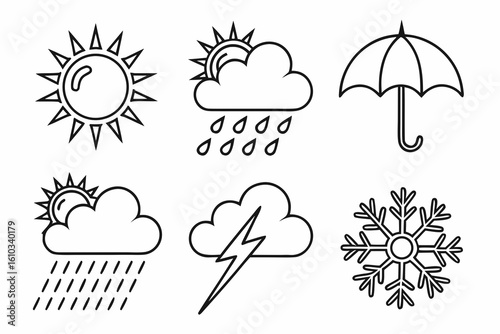 Weather icons showing sun, rain, thunder, snow, and an umbrella