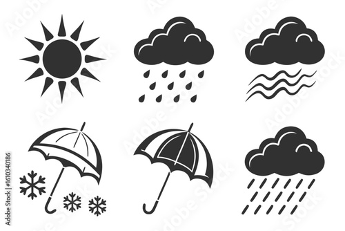 Set of filled weather icons for sun, clouds, rain, snow, and umbrella
