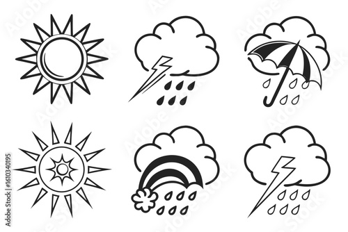 Weather icons featuring sun, lightning, rain, rainbow, and umbrella