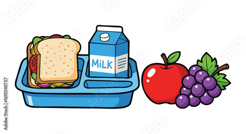 Cartoon illustration of a school lunch tray with a sandwich, milk, apple, and grapes.