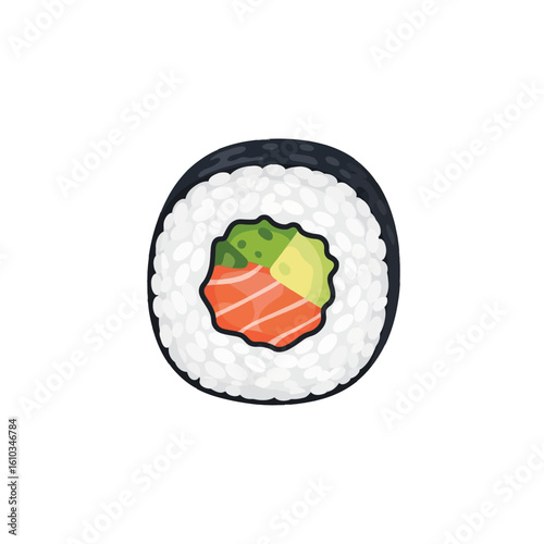 A single sushi roll with salmon and avocado filling, wrapped in rice and seaweed.