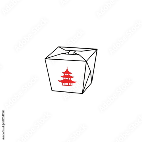 A takeout box with a red pagoda illustration on the side, isolated on a white background.