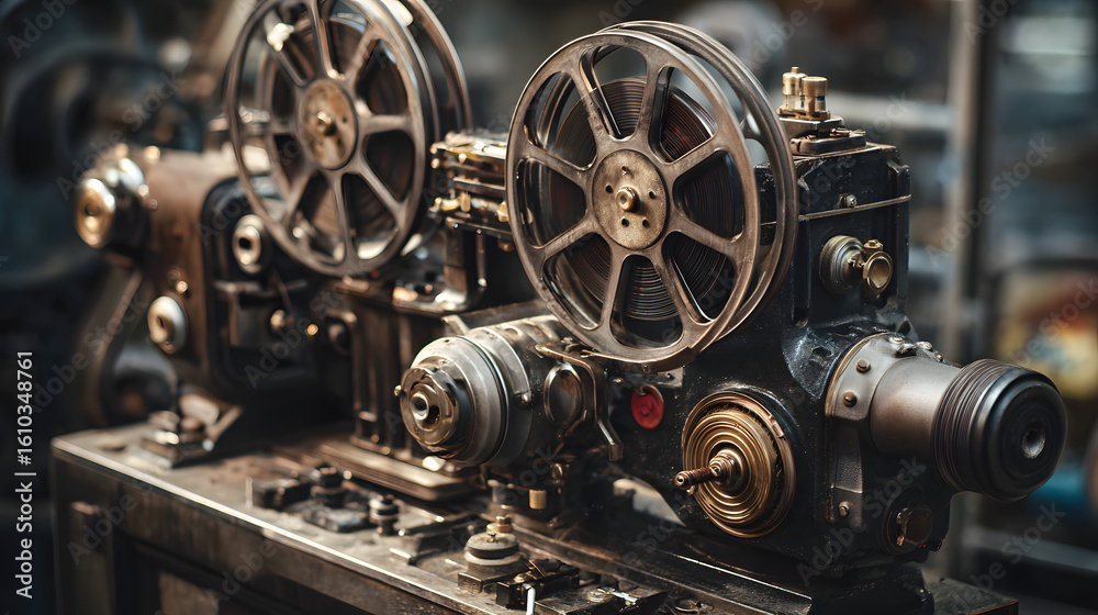 Fototapeta premium Vintage film projector with reels and detailed mechanisms