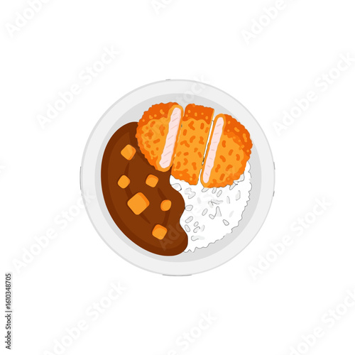 A stylized illustration of a Japanese curry rice dish with breaded pork cutlet.