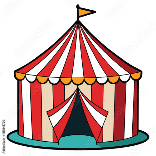 A colorful circus tent with a flag atop its peak, set against a clear blue sky