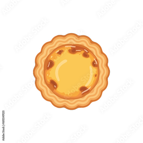 Top-down view of a golden-brown custard tart, showcasing its flaky crust and creamy filling.