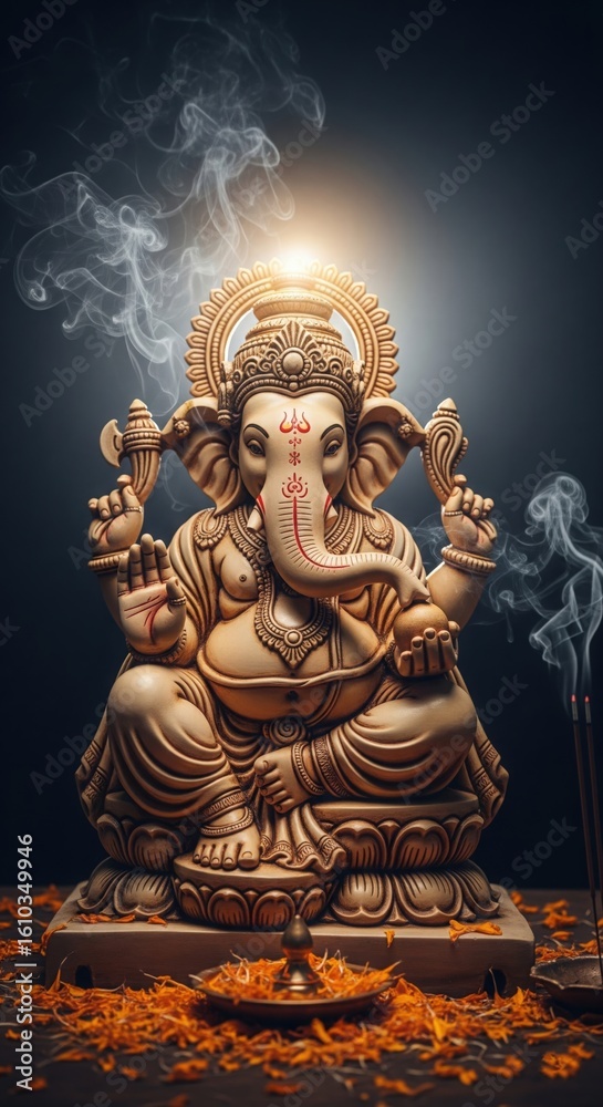 Fototapeta premium Ganesha Temple Idol with Divine Aura – Vertical Mobile Wallpaper HD