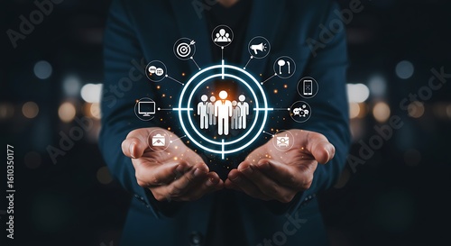 A businessman presents a digital target audience concept, highlighting customer focus and marketing strategy for business growth