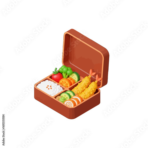 Bento box illustration with rice, vegetables, tempura shrimp, and egg roll in separate compartments.