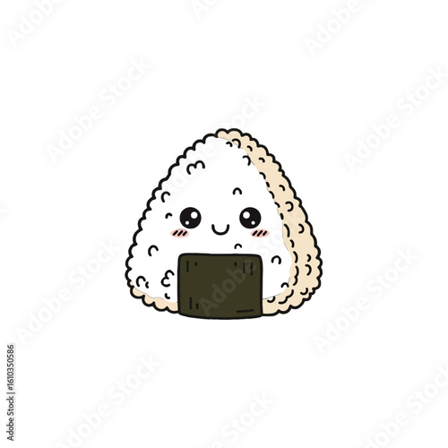 Cute cartoon depiction of a Japanese onigiri rice ball with a happy expression.