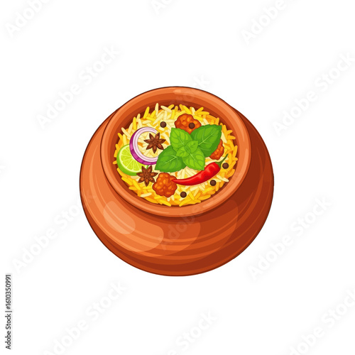A vibrant illustration of a clay pot filled with delicious biryani, garnished with herbs.