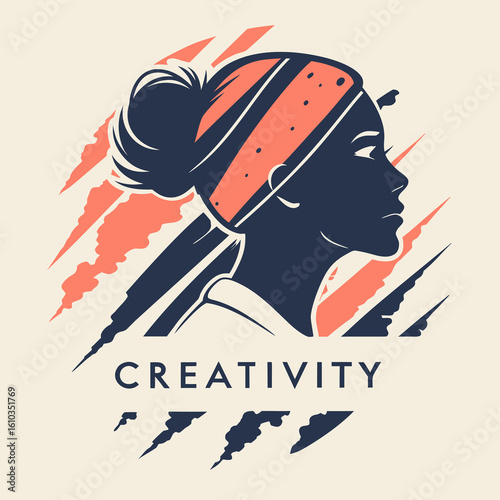 Stylized silhouette of a woman with a headband and abstract shapes representing creativity