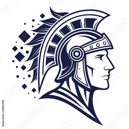 Stylized roman centurion profile with geometric abstract elements and feathered crest
