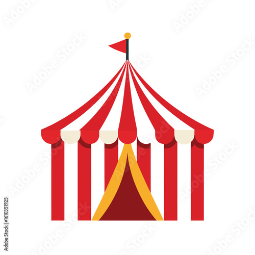  A large circus tent with a bright flag fluttering at the top, indicating a festive atmosphere.