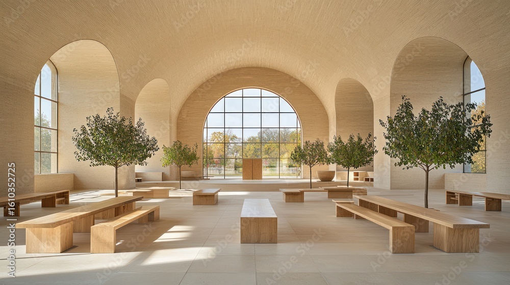 Fototapeta premium Minimalist interior with archways benches and trees