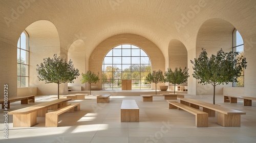 Minimalist interior with archways benches and trees