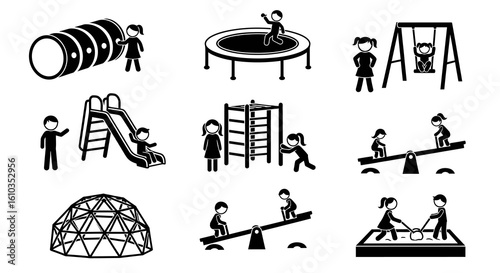 Black and White Playground Equipment Silhouettes for Children's Playtime