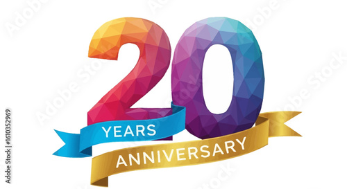 Vibrant Polygonal 20 Years Anniversary Number with Colorful Gradient and Celebratory Ribbons