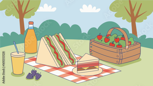 Picnic food setup with snacks and sandwiches