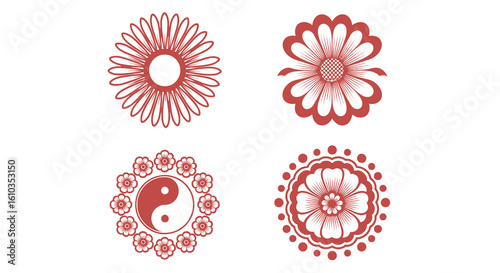 Set of Decorative Floral and Yin Yang Designs
