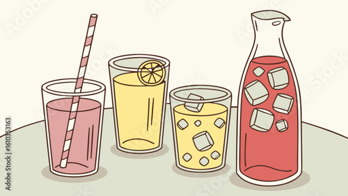 Colorful drinks like juice, soda, and smoothies in glassware
