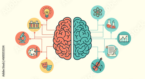 Stylized Brain Divided into Two Hemispheres with Associated Icons
