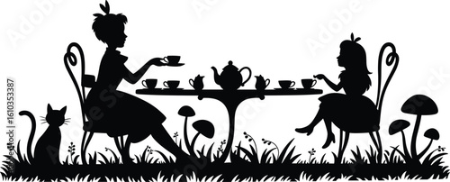 Tea party silhouette, girl and woman drinking tea, whimsical tea time, fairy tale illustration, cat, mushrooms, fantasy scene