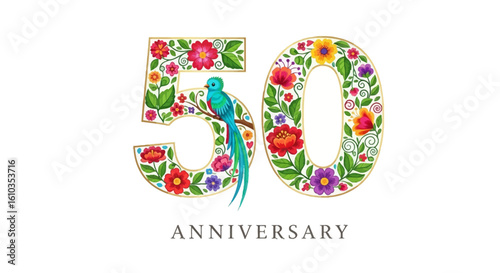 Vibrant Floral Number 50 with Quetzal Bird and Anniversary Text