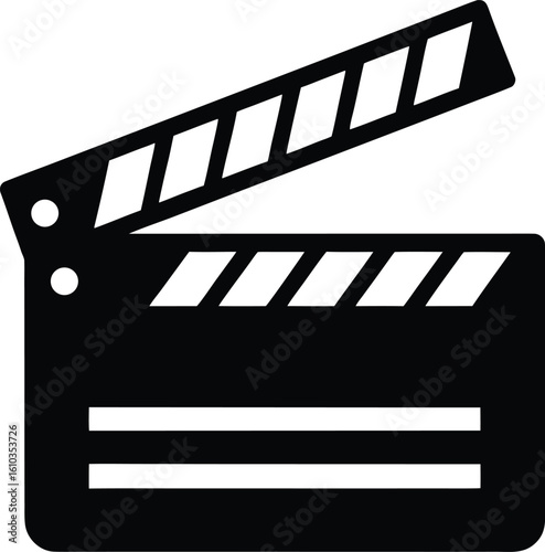 Black and white clapper board icon, commonly used in film production to signify the start of a scene.