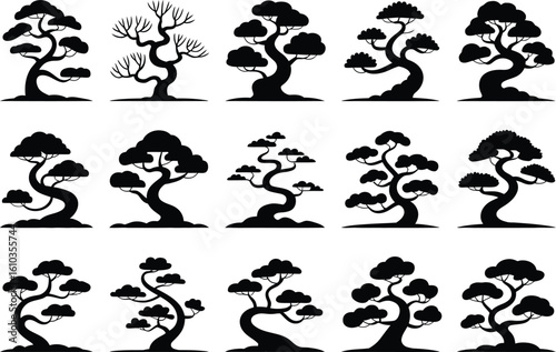 Stylized trees silhouettes bonsai trees black silhouettes