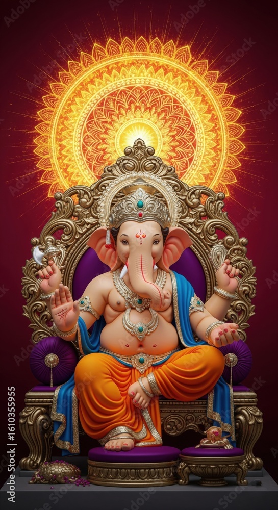 Obraz premium Royal Ganesha with Mandala Aura – Vertical Mobile Wallpaper for Ganesh Chaturthi