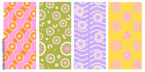 Retro citrus and floral patterns in pastel colors